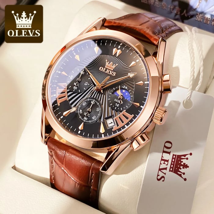 Ceas barbatesc Olevs Cronograf Data Quartz Analog Piele naturala [5]