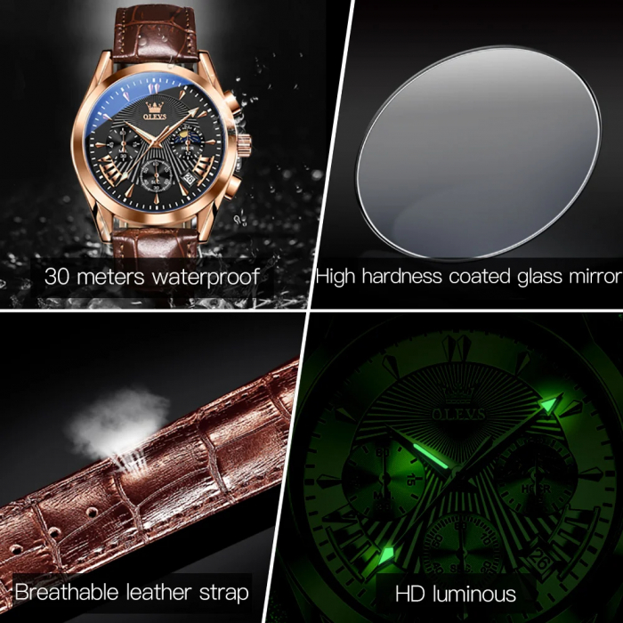 Ceas barbatesc Olevs Cronograf Data Quartz Analog Piele naturala [6]
