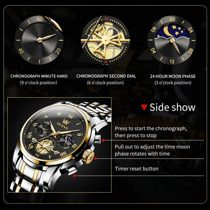 Ceas barbatesc Olevs Quartz Diamond Tungsten Analog Cronograf Fashion Argintiu Negru [4]