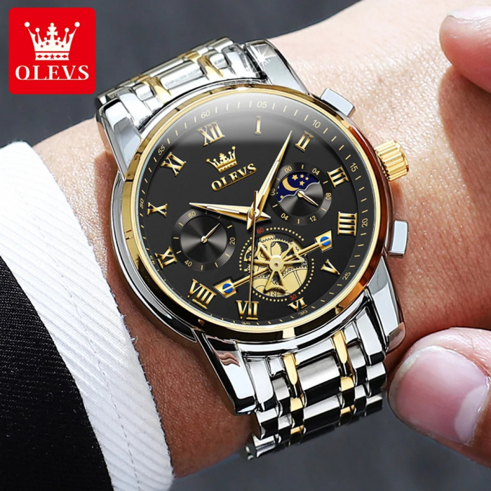 Ceas barbatesc Olevs Quartz Diamond Tungsten Analog Cronograf Fashion Argintiu Negru [3]