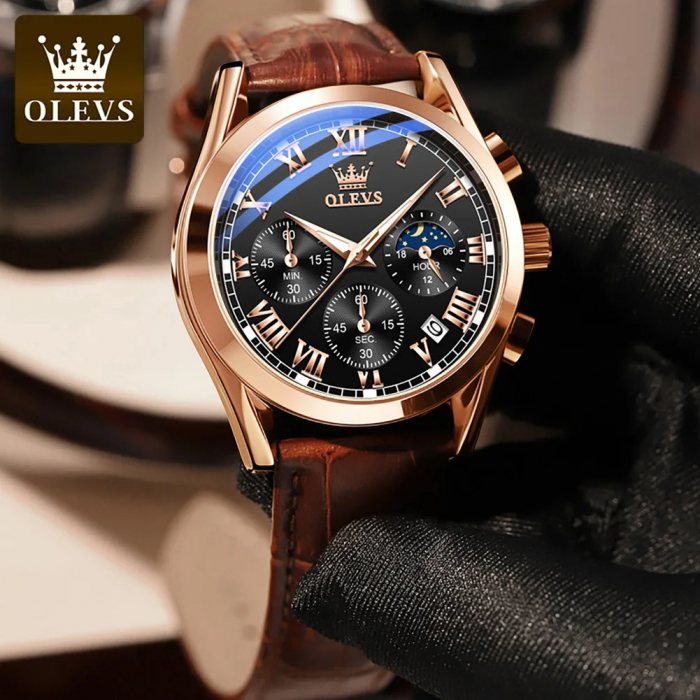 Ceas barbatesc Olevs Piele Quartz Analog Clasic Business Maro [3]