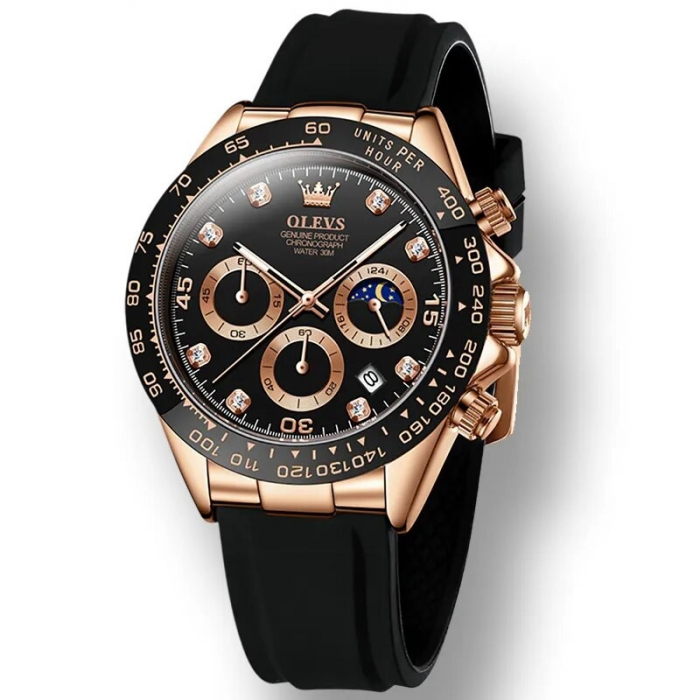 Ceas barbatesc Olevs Silicon Quartz Analog Data Cronograf Negru [2]