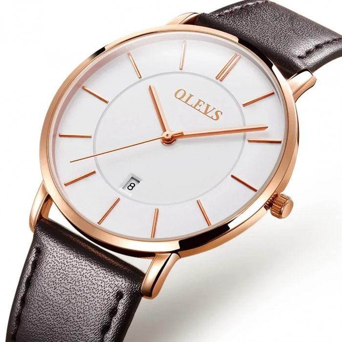 Ceas barbatesc Olevs Quartz Analog Cronograf Fashion Piele Maro Auriu [2]