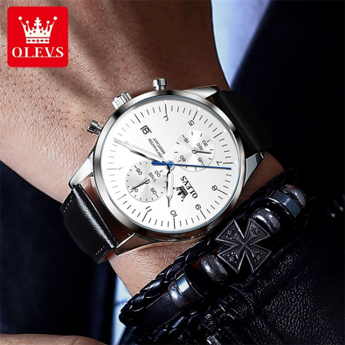 Ceas barbatesc Olevs Quartz Analog Piele Cronograf Business Casual Clasic Cadran argintiu [4]