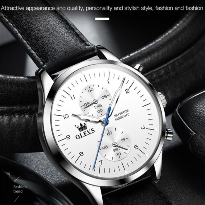 Ceas barbatesc Olevs Quartz Analog Piele Cronograf Business Casual Clasic Cadran argintiu [2]