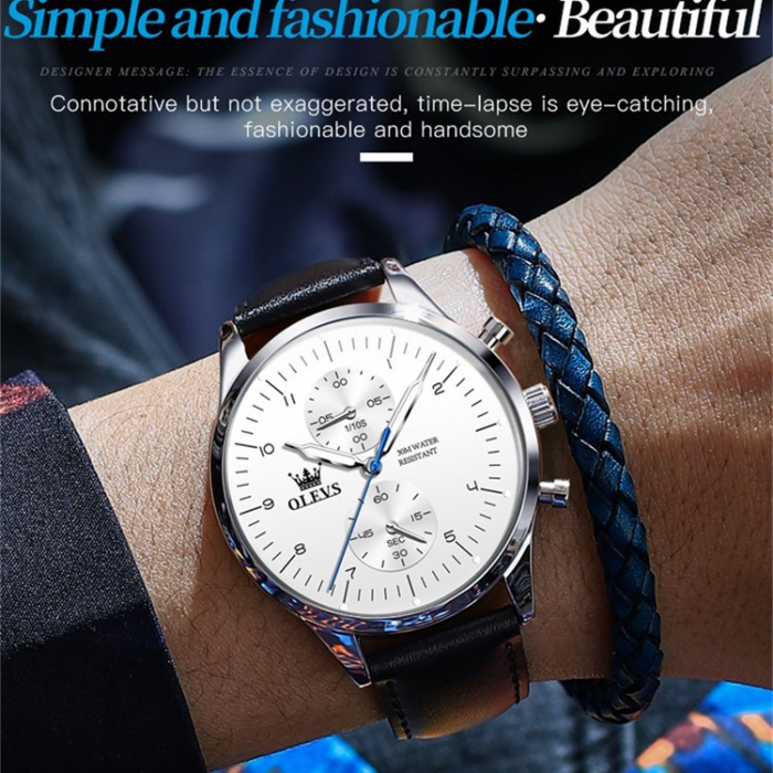 Ceas barbatesc Olevs Quartz Analog Piele Cronograf Business Casual Clasic Cadran argintiu [5]
