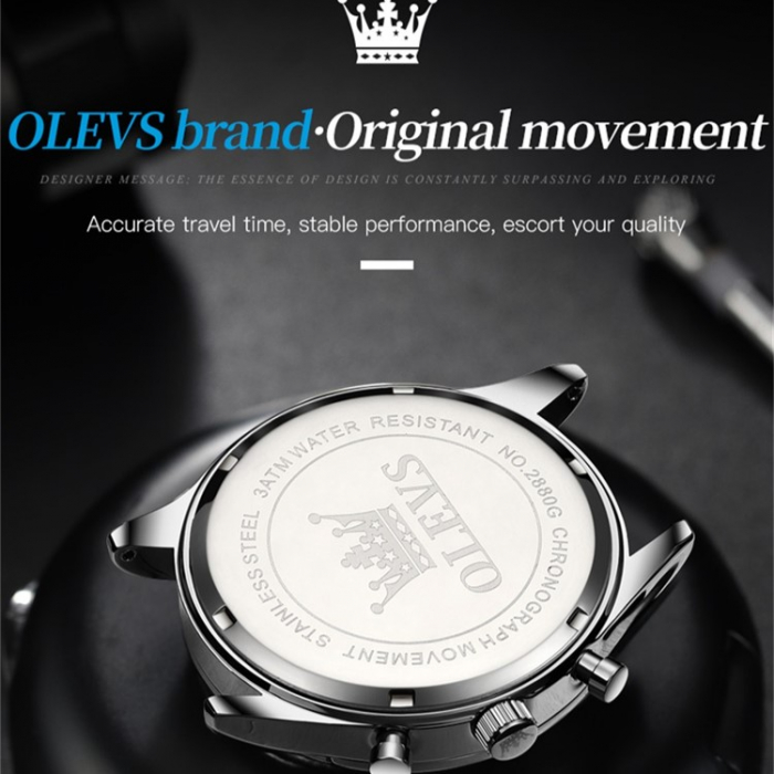 Ceas barbatesc Olevs Quartz Analog Piele Cronograf Business Casual Clasic Cadran argintiu [6]