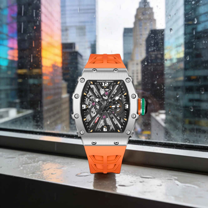 Ceas bărbătesc PAGANI DESIGN PD-1738 – skeleton quartz VH65, safir, curea silicon portocalie, design sport premium 42mm [3]