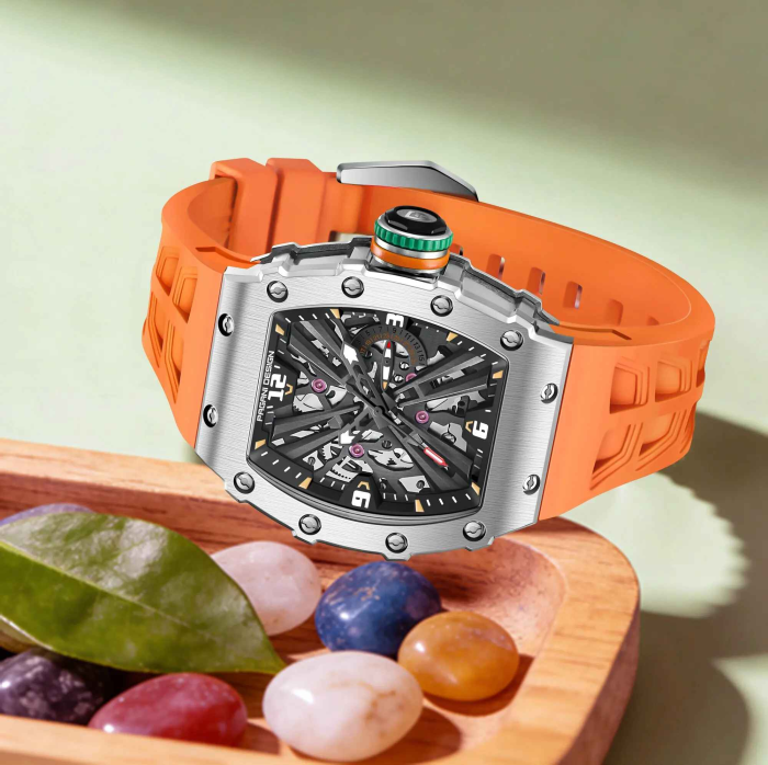 Ceas bărbătesc PAGANI DESIGN PD-1738 – skeleton quartz VH65, safir, curea silicon portocalie, design sport premium 42mm [4]