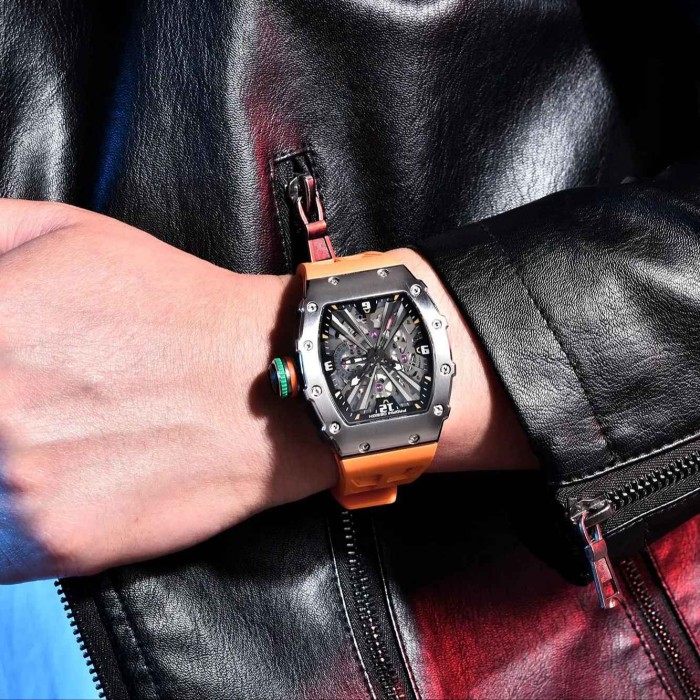 Ceas bărbătesc PAGANI DESIGN PD-1738 – skeleton quartz VH65, safir, curea silicon portocalie, design sport premium 42mm [6]