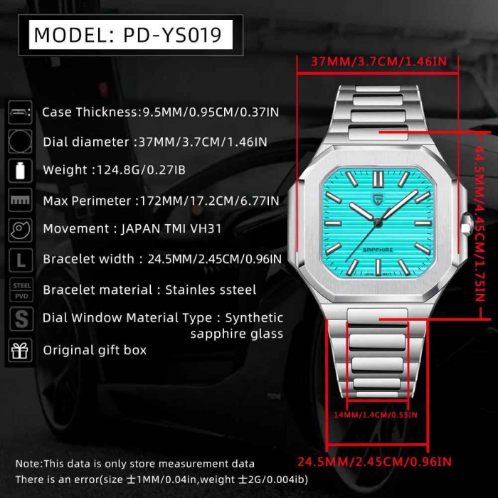 Ceas bărbătesc PAGANI DESIGN PD-YS019, cadran turcoaz, 37mm, safir sintetic, brățară inox [3]