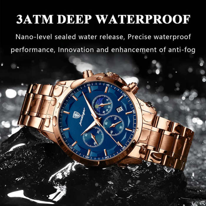 Ceas barbatesc Poedagar Quartz Cronograf Analog Elegant Data Otel Auriu Albastru [4]