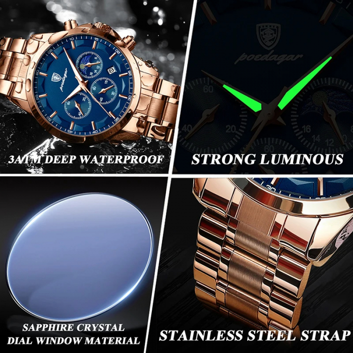 Ceas barbatesc Poedagar Quartz Cronograf Analog Elegant Data Otel Auriu Albastru [3]