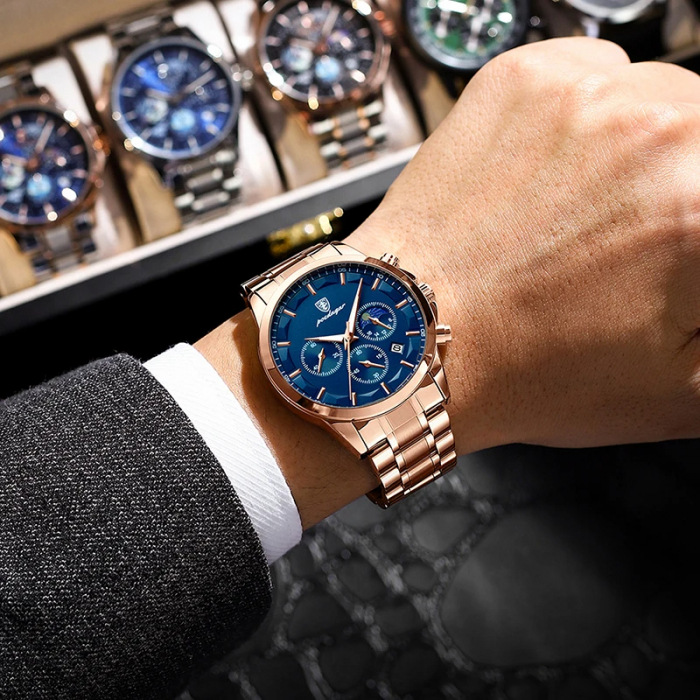 Ceas barbatesc Poedagar Quartz Cronograf Analog Elegant Data Otel Auriu Albastru [2]