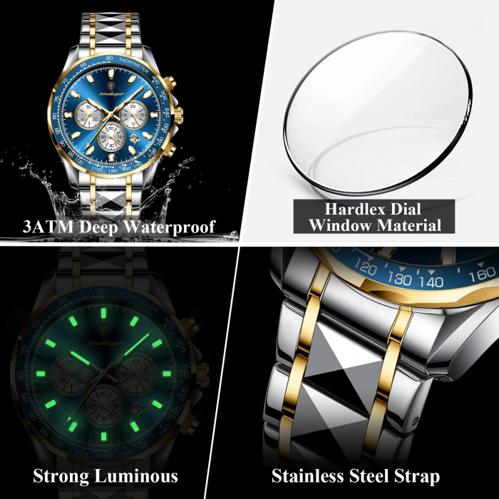 Ceas barbatesc Poedagar Cronograf Quartz Casual Luxury Data Otel Argintiu Albastru [5]
