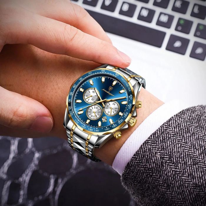 Ceas barbatesc Poedagar Cronograf Quartz Casual Luxury Data Otel Argintiu Albastru [2]