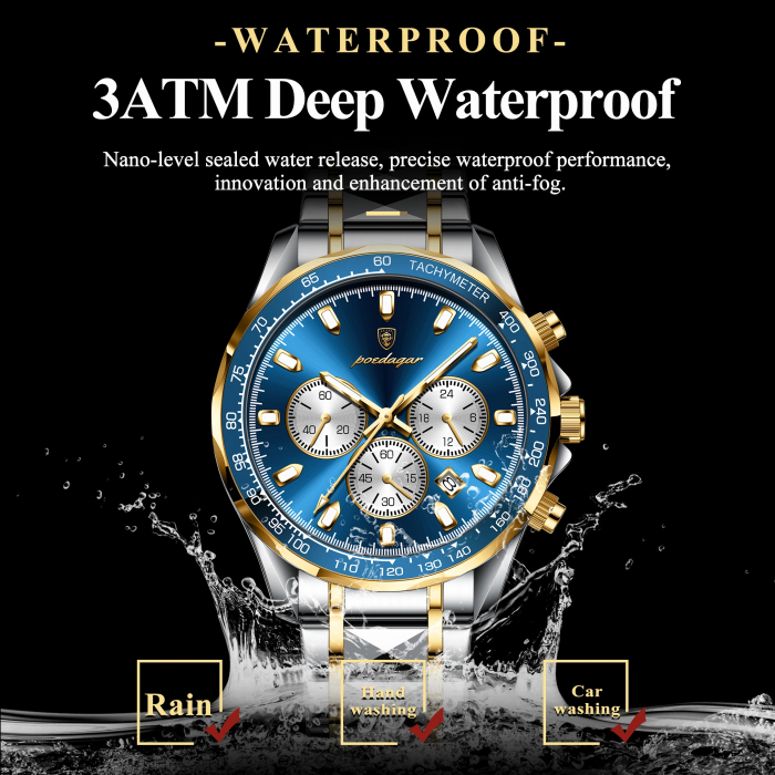 Ceas barbatesc Poedagar Cronograf Quartz Casual Luxury Data Otel Argintiu Albastru [4]