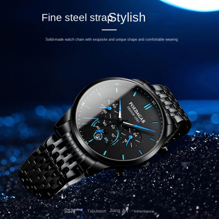 Ceas barbatesc Poedagar Cronograf Quartz Analog Elegant Fashion Negru Albastru [4]