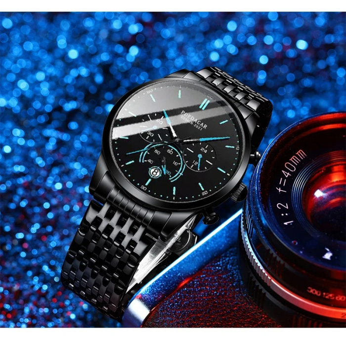Ceas barbatesc Poedagar Cronograf Quartz Analog Elegant Fashion Negru Albastru [7]