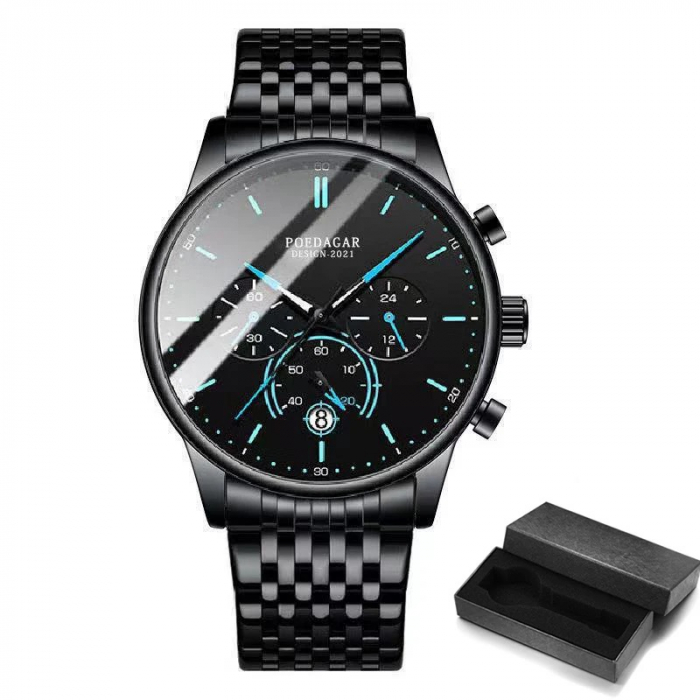 Ceas barbatesc Poedagar Cronograf Quartz Analog Elegant Fashion Negru Albastru [2]