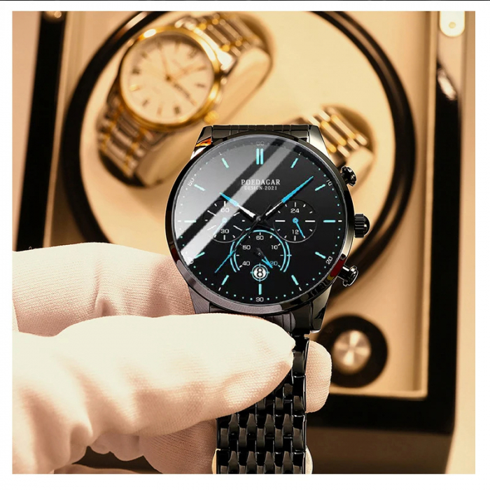 Ceas barbatesc Poedagar Cronograf Quartz Analog Elegant Fashion Negru Albastru [6]