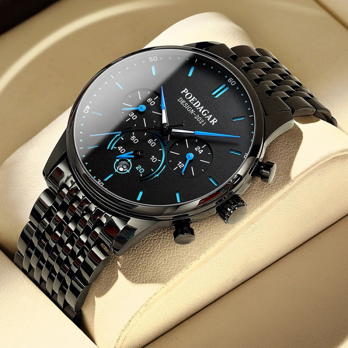 Ceas barbatesc Poedagar Cronograf Quartz Analog Elegant Fashion Negru Albastru [3]
