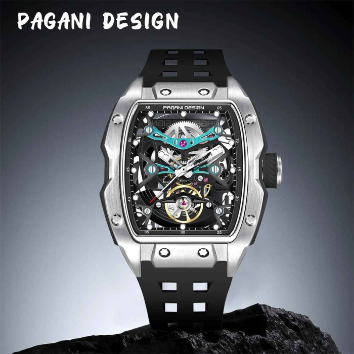 Ceas bărbătesc skeleton PAGANI DESIGN PD-YS018 – 42 mm, mecanism S X5021, safir, curea fluororubber [7]