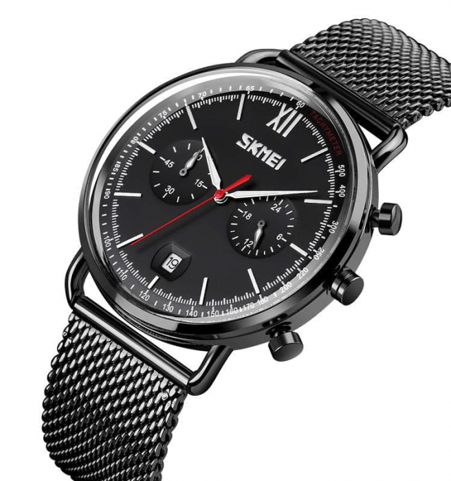 Ceas barbatesc Skmei Quartz Analog Cronograf Fashion Casual Otel Negru [2]