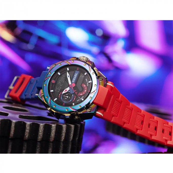 Ceas barbatesc Smael Sport Militar Dual Time Electronic Alarma Rosu [5]