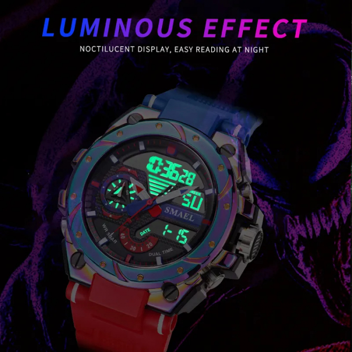 Ceas barbatesc Smael Sport Militar Dual Time Electronic Alarma Rosu [2]