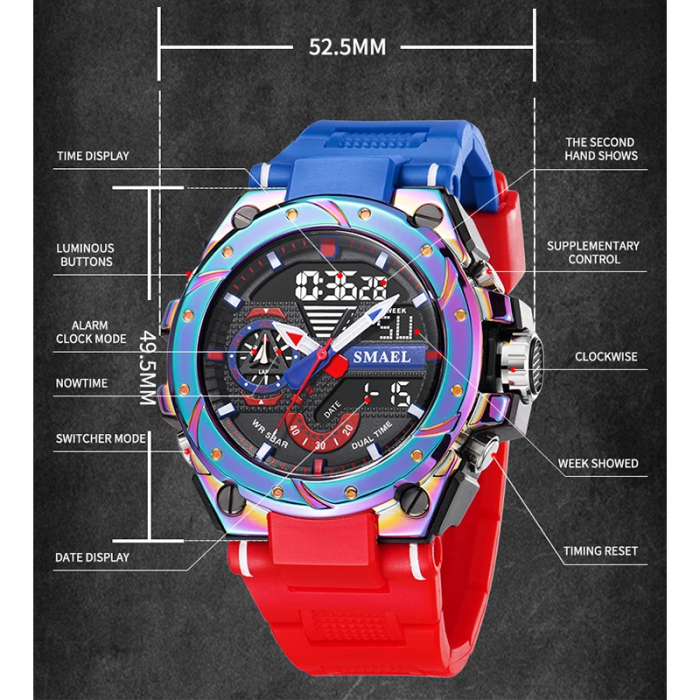 Ceas barbatesc Smael Sport Militar Dual Time Electronic Alarma Rosu [4]
