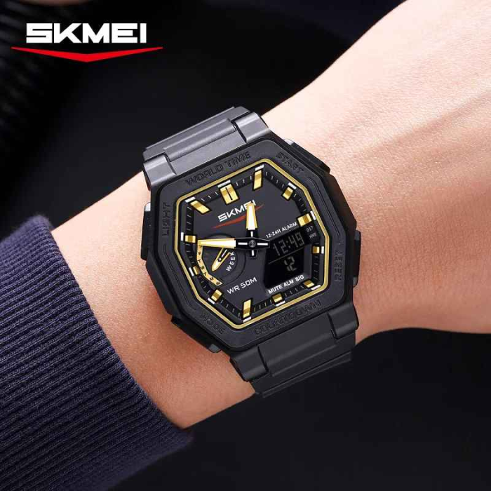 Ceas bărbătesc sport SKMEI 2438 negru cu accente aurii, digital & analog, waterproof 50M, cronometru și alarmă [3]