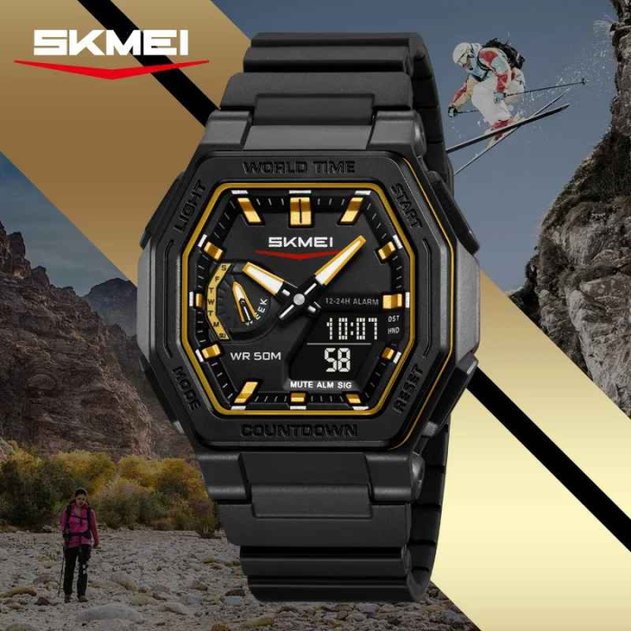 Ceas bărbătesc sport SKMEI 2438 negru cu accente aurii, digital & analog, waterproof 50M, cronometru și alarmă [2]