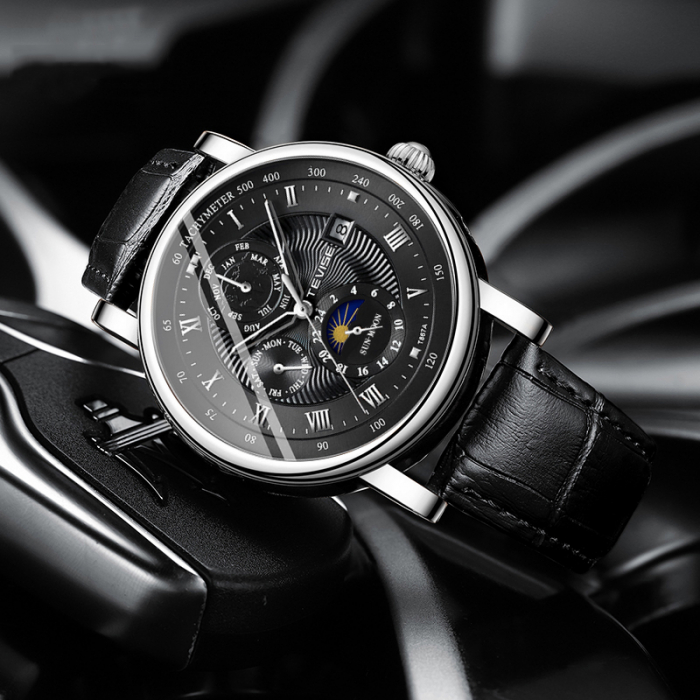 Ceas barbatesc Tevise Afisare data Curea piele Mecanic Automatic Negru [3]