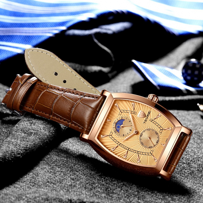 Ceas barbatesc Tevise Clasic Luxury Elegant Curea piele Quartz Analog Maro Rose [2]