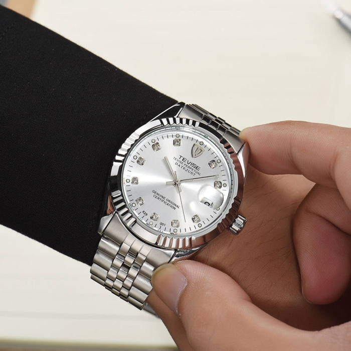Ceas barbatesc Tevise Clasic Mecanic Automatic Analog Otel Elegant Data Argintiu [2]