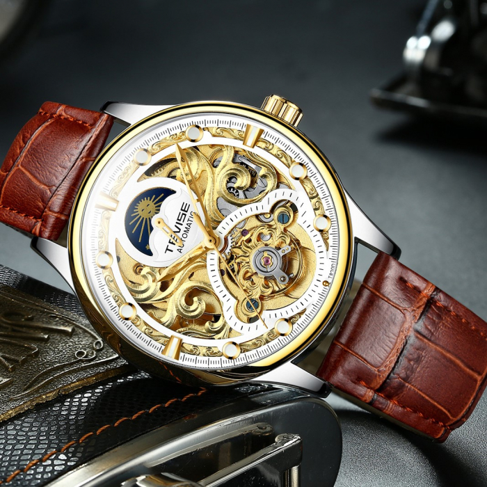 Ceas barbatesc Tevise Mecanic automatic Skeleton Auriu Maro Analog Elegant [3]