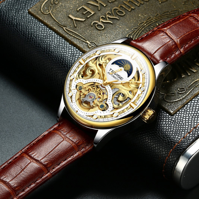 Ceas barbatesc Tevise Mecanic automatic Skeleton Auriu Maro Analog Elegant [2]