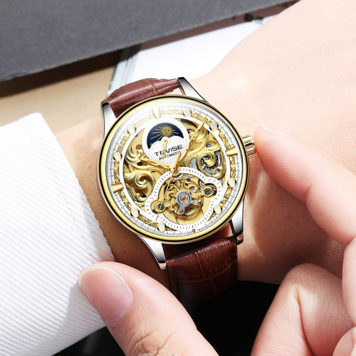 Ceas barbatesc Tevise Mecanic automatic Skeleton Auriu Maro Analog Elegant [4]
