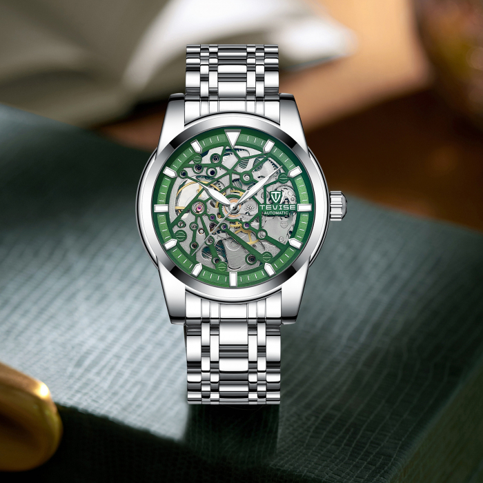 Ceas barbatesc Tevise Mecanic Automatic Business Luxury Argintiu Verde [2]