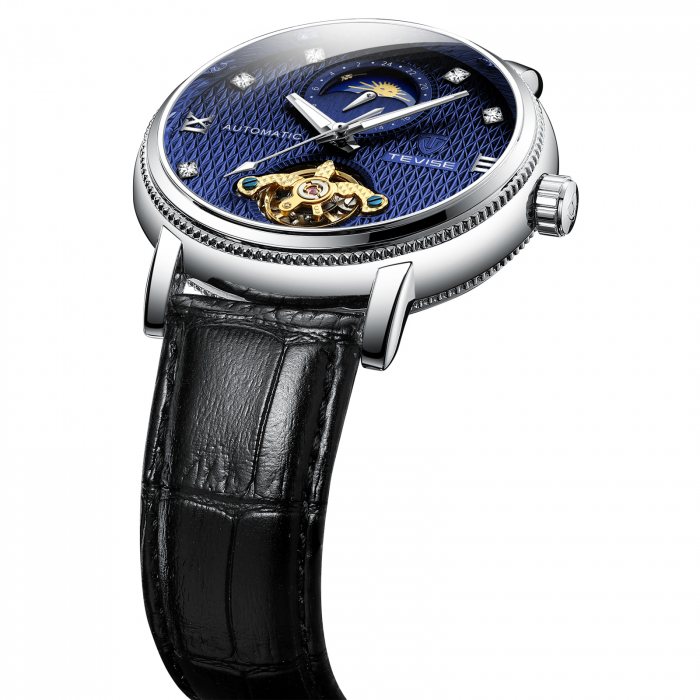 Ceas barbatesc Tevise Mecanic Automatic Piele Negru Albastru Elegant [4]