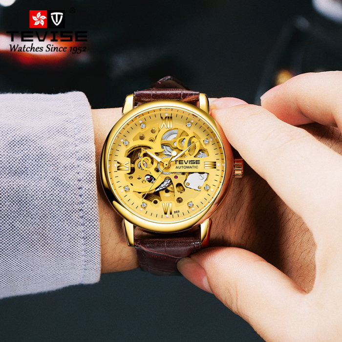 Ceas barbatesc Tevise Mecanic automatic Auriu Maro Skeleton Elegant [3]