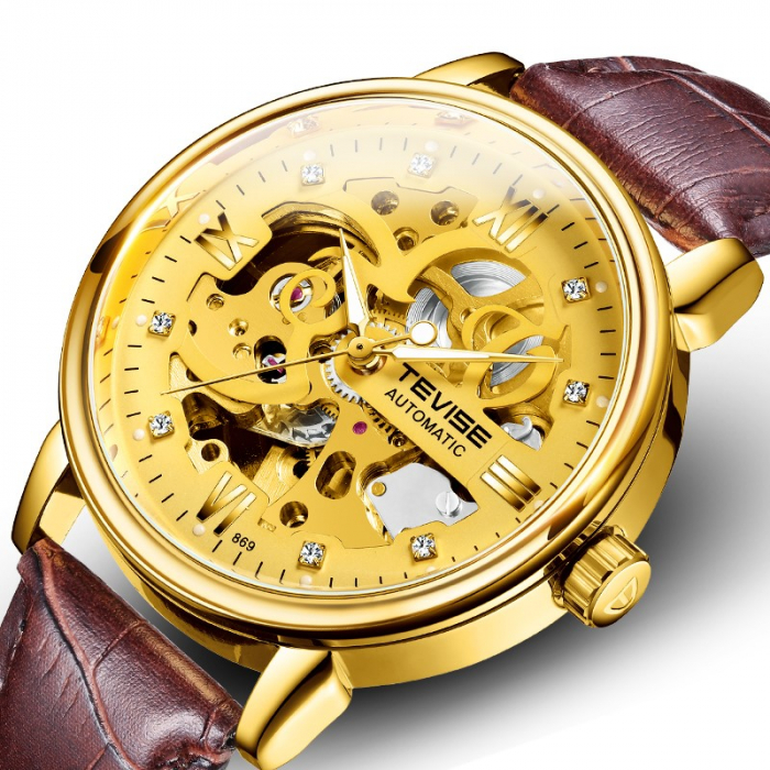 Ceas barbatesc Tevise Mecanic automatic Auriu Maro Skeleton Elegant [2]