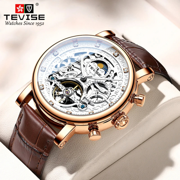 Ceas barbatesc Tevise Negru Elegant Skeleton Curea piele Analog [5]