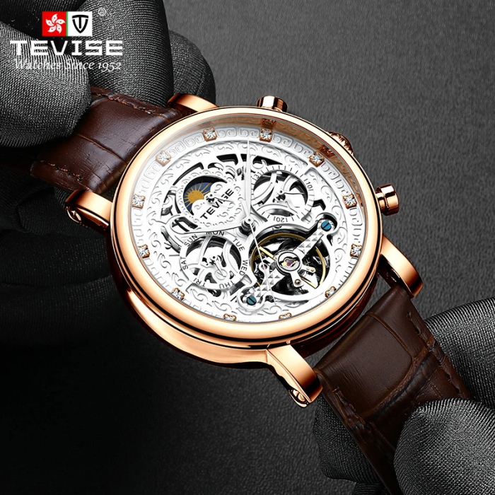 Ceas barbatesc Tevise Negru Elegant Skeleton Curea piele Analog [2]