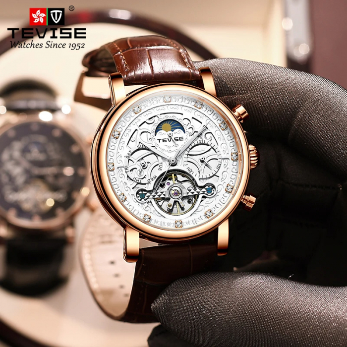 Ceas barbatesc Tevise Negru Elegant Skeleton Curea piele Analog [4]