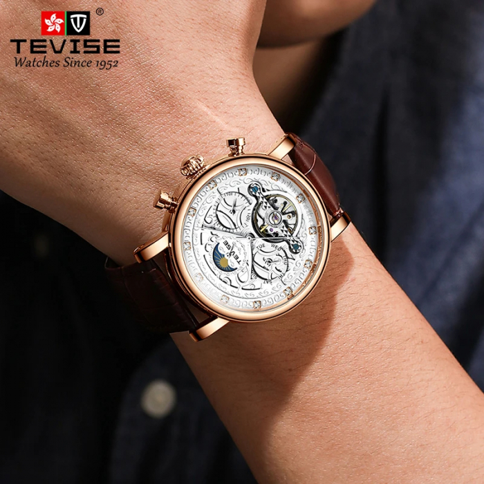 Ceas barbatesc Tevise Negru Elegant Skeleton Curea piele Analog [3]