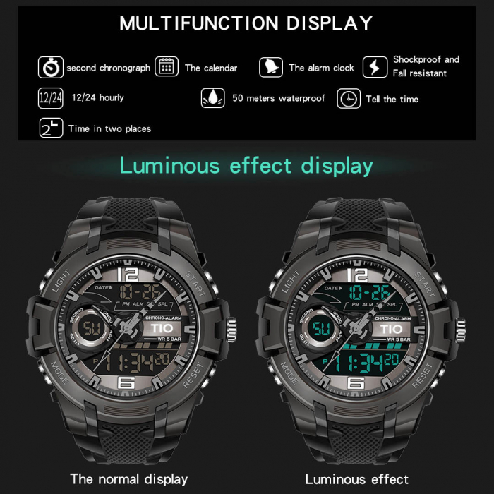 Ceas barbatesc TIO Alarma Cronometru Lumina Silicon Quartz Digital Analog [6]