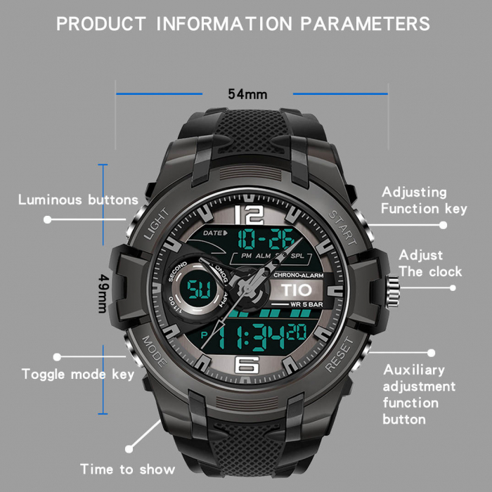 Ceas barbatesc TIO Alarma Cronometru Lumina Silicon Quartz Digital Analog [3]