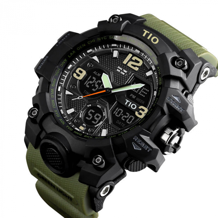 Ceas barbatesc, Tio, Cronograf, Sport, Militar, Multifunctional, Rezistent la apa si socuri, Verde Army [2]